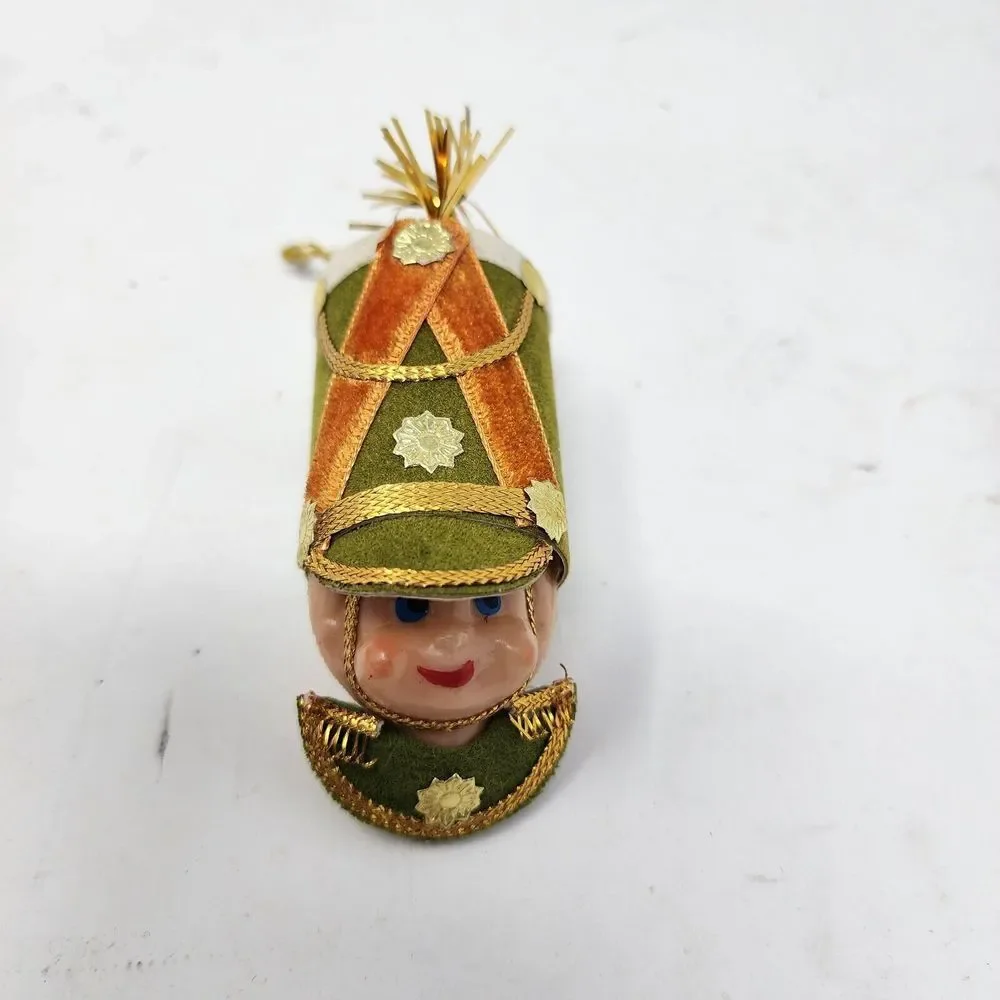 Vintage 60s‎ Pair Soldier Head Christmas Ornaments 3.5in Plastic Elf Face Japan